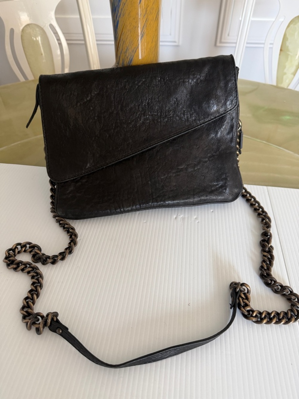 Maxon Collection Italy Black Pebble Leather Chain Strap Crossbody Handbag Purse